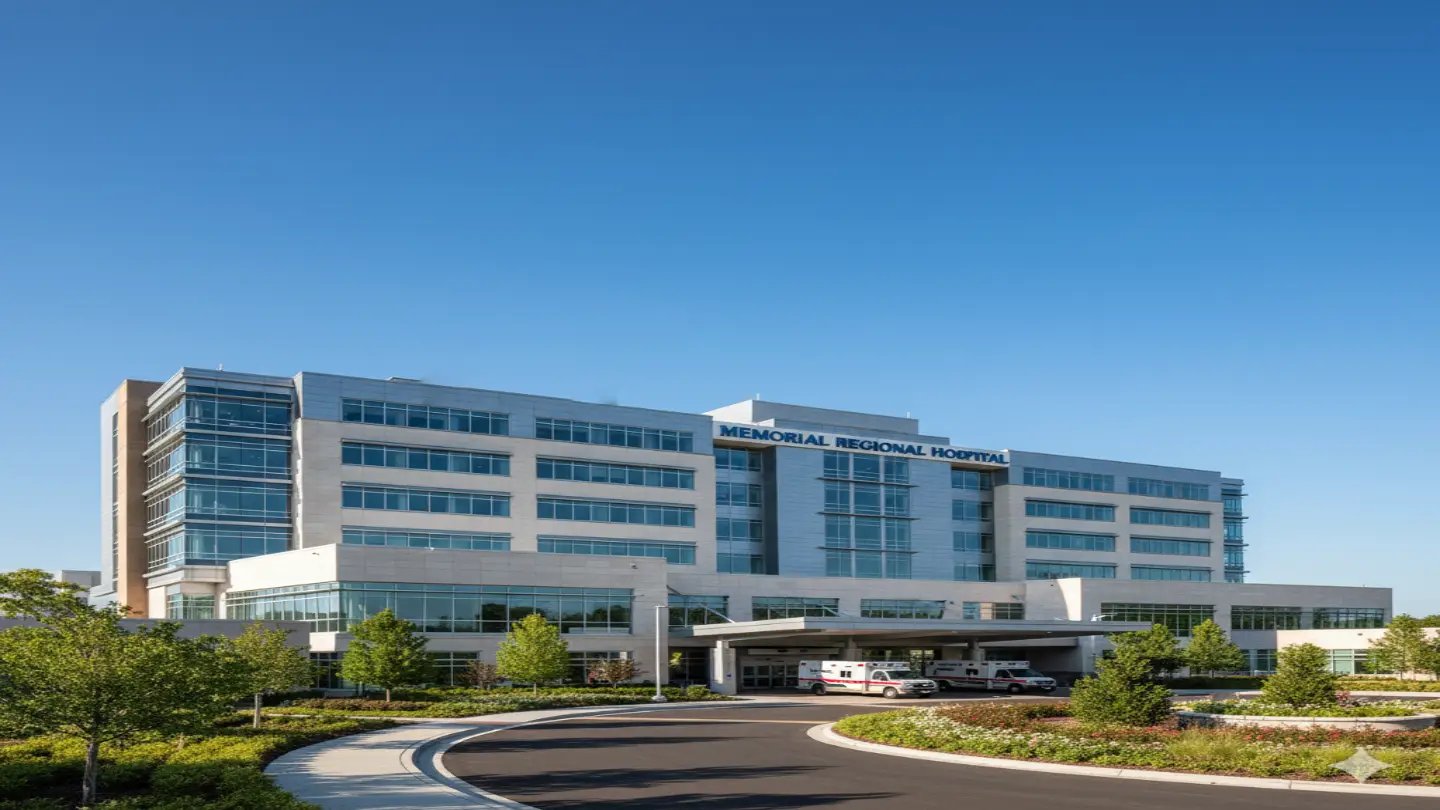 Modern 300-bed regional hospital exterior with emergency entrance and helipad showing enterprise healthcare facility scale for N95 respirator compliance case study