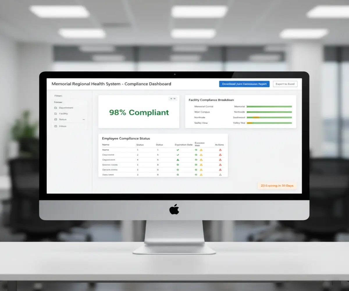 Healthcare compliance dashboard showing 98% respirator medical clearance rate across 1,247 employees at regional health system with 5 facilities - instant Joint Commission reporting