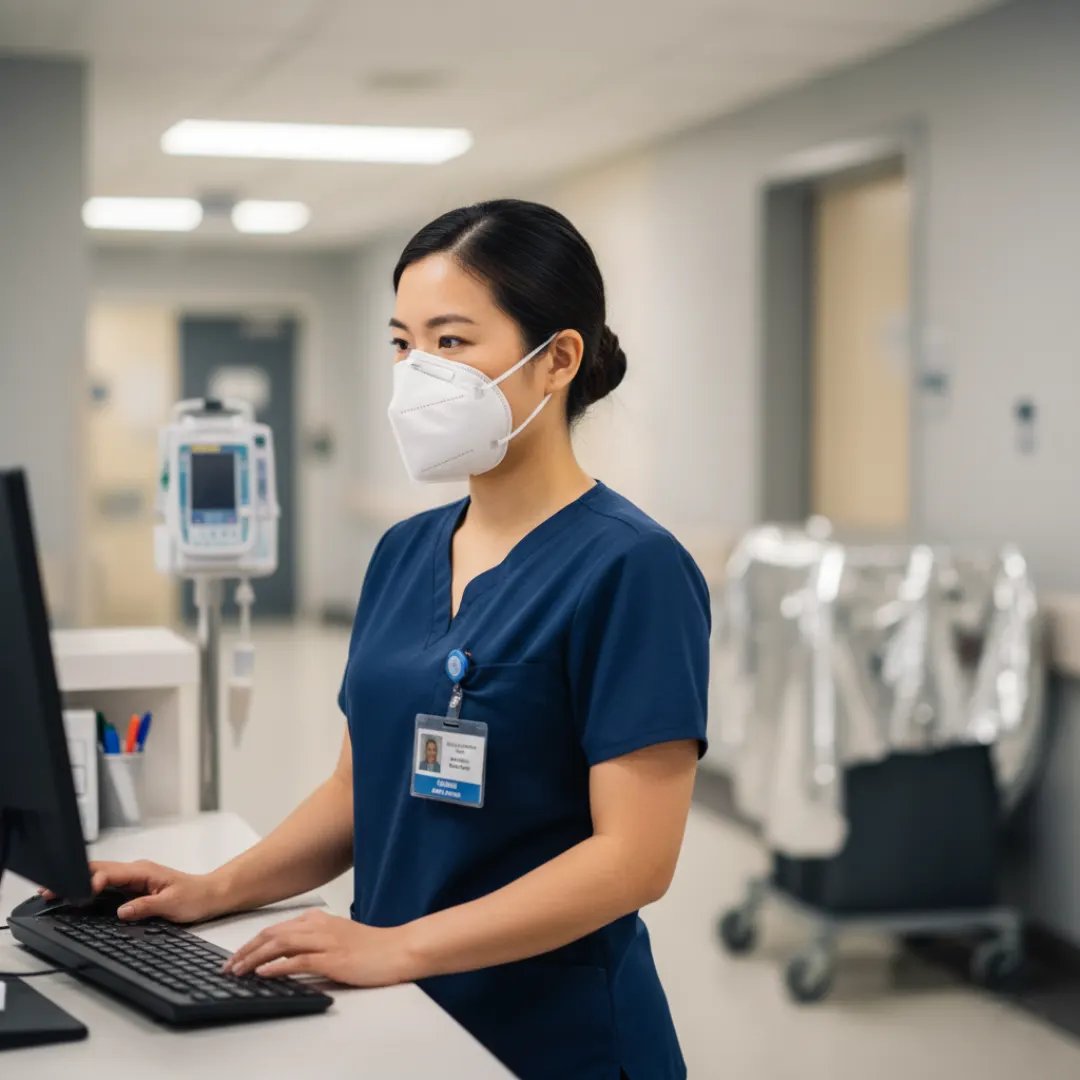 Female Asian nurse wearing properly fitted N95 respirator in hospital nurses station reviewing patient chart - Joint Commission compliant respirator medical clearance for healthcare workers